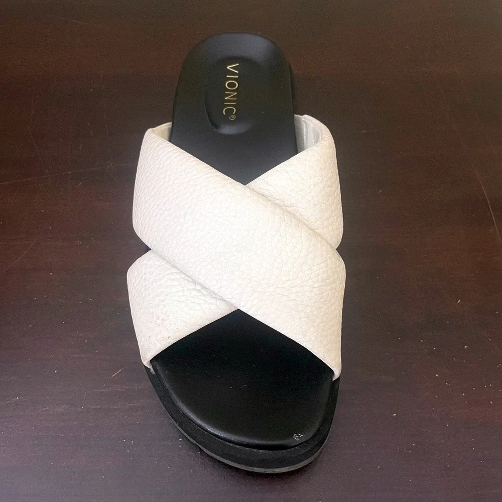 Vionic Vesta White Pebbled Leather Crisscross Platform Slide Sandals‎ Women 8